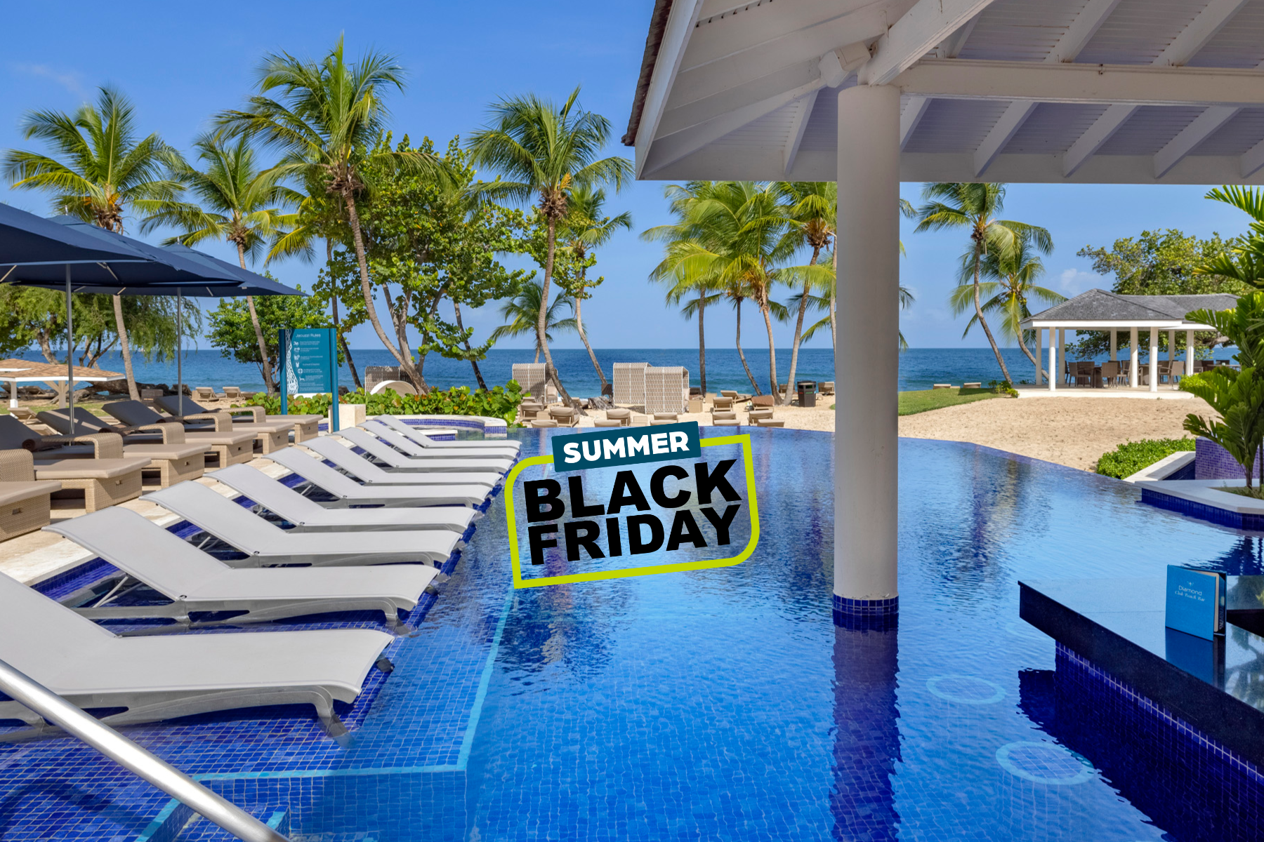 a pool with chairs and a sign on it