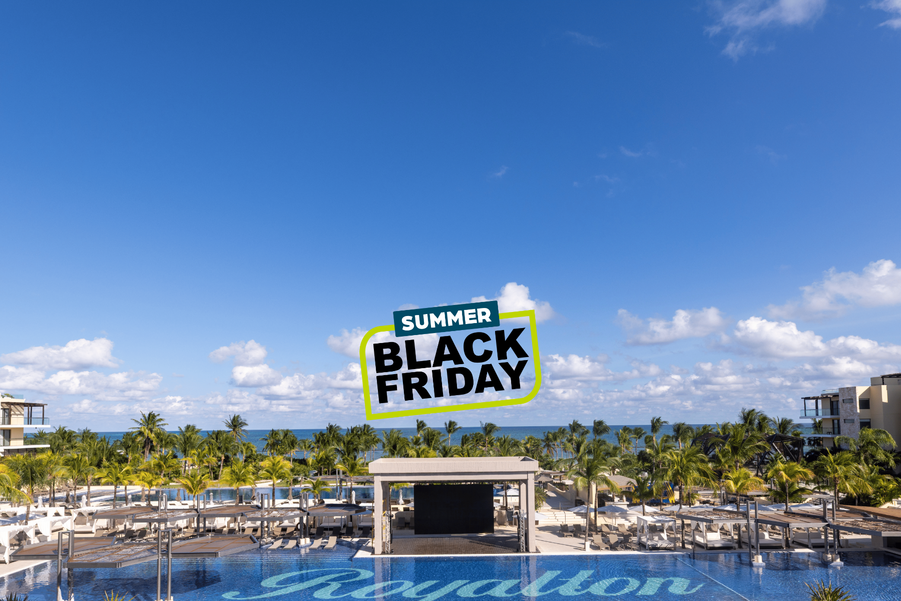 a pool with a large sign over it