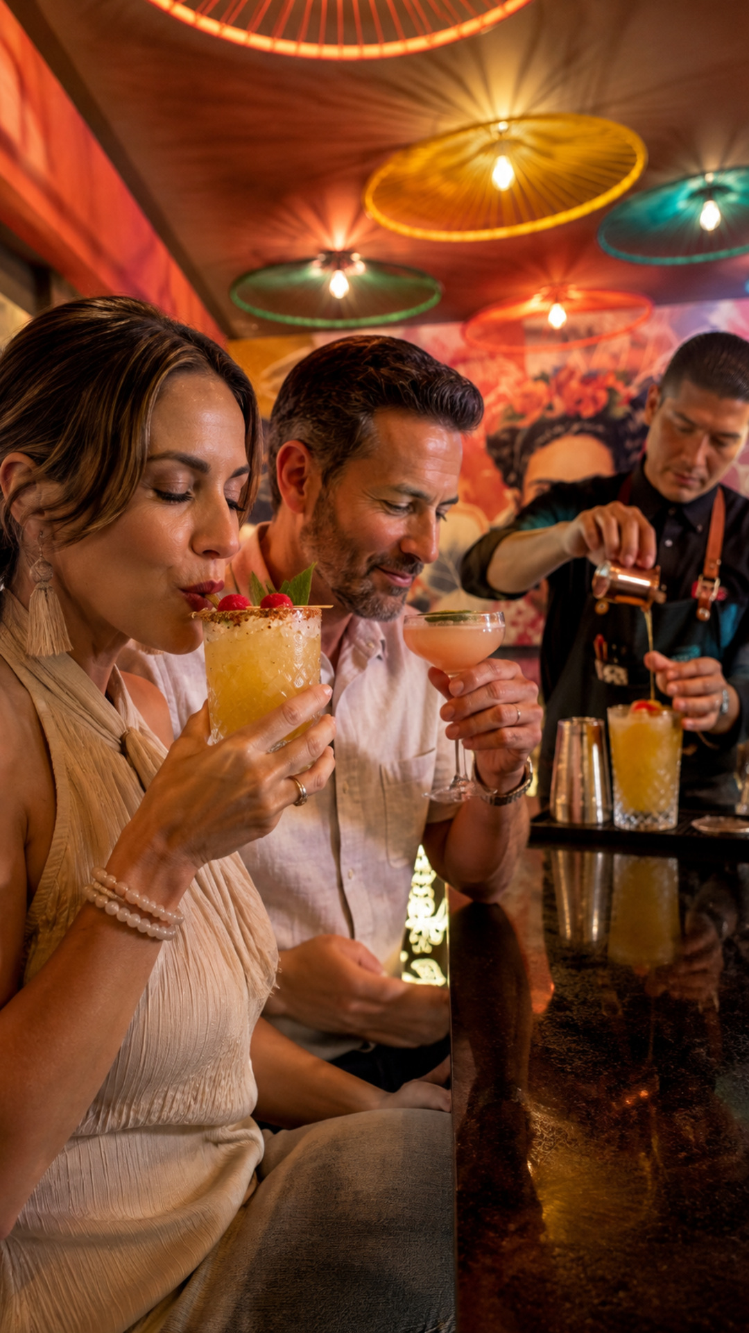 a group of people drinking cocktails at a bar