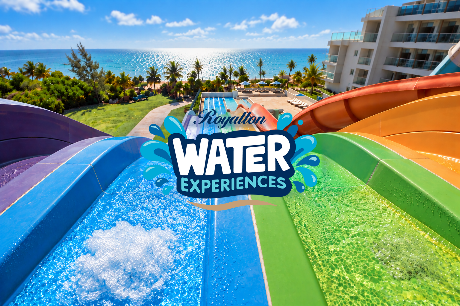 a water slide with a beach and buildings