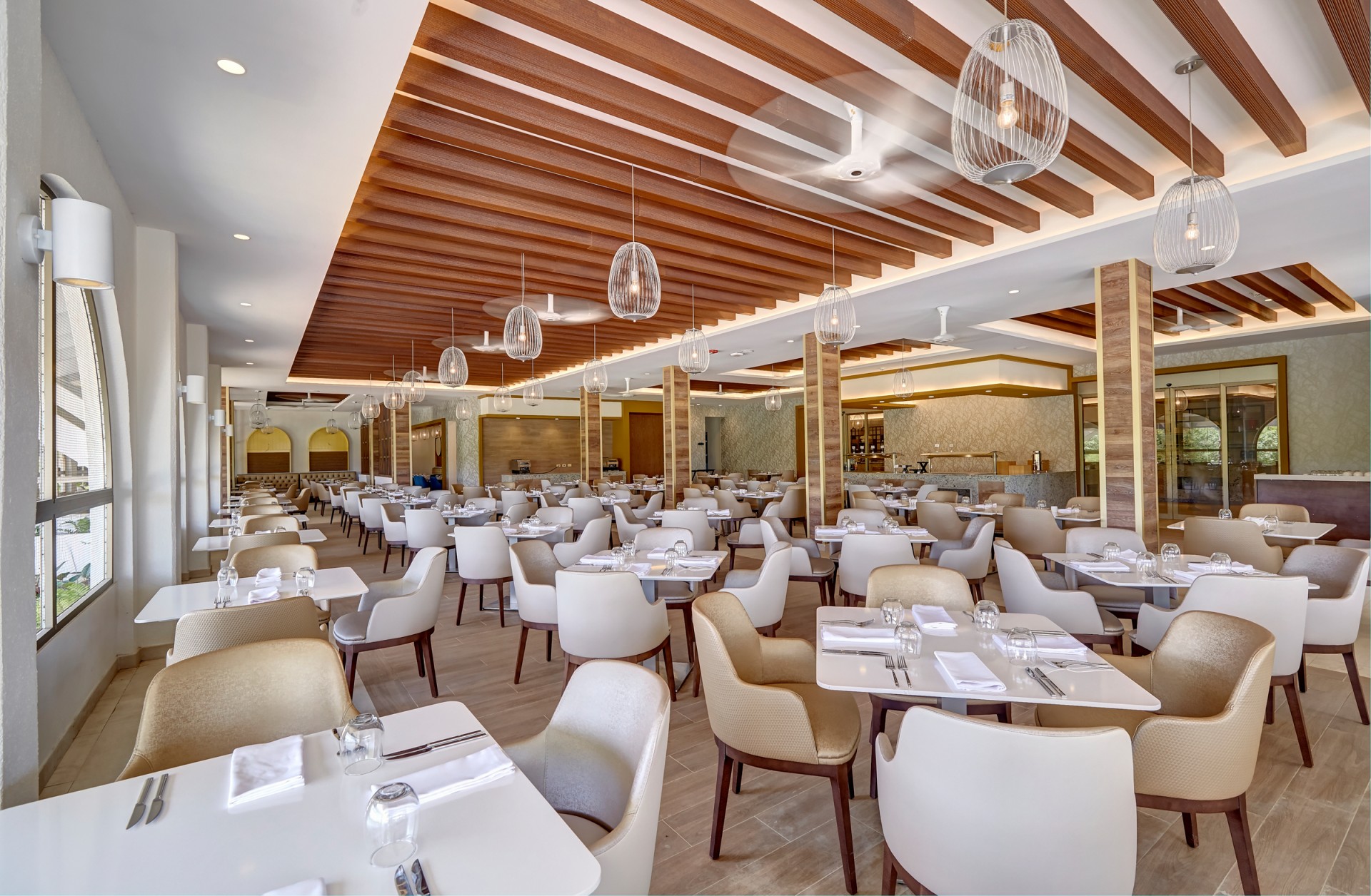 a room with tables and chairs