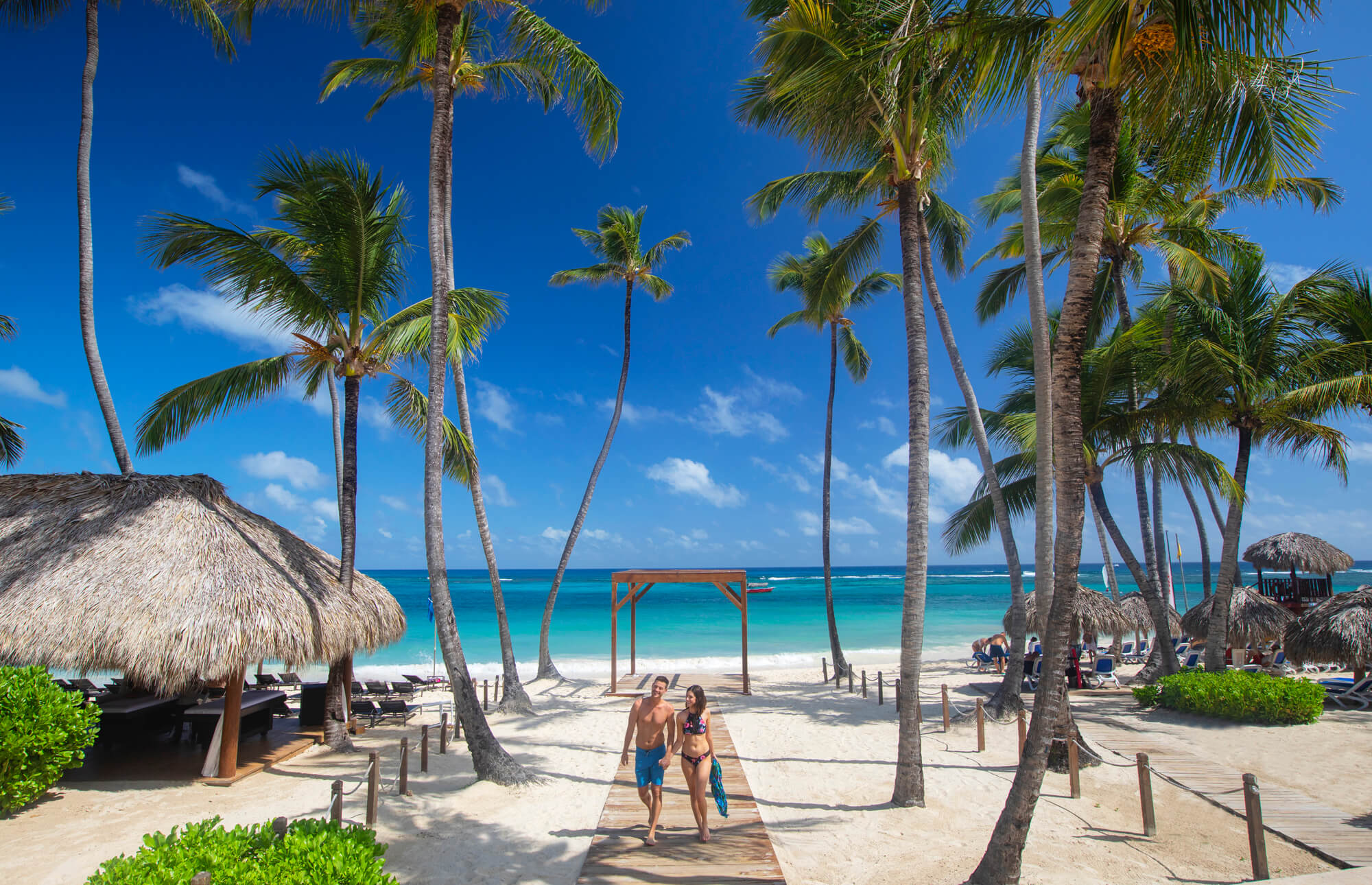 a man and woman walking on a wooden path on a beach with palm trees