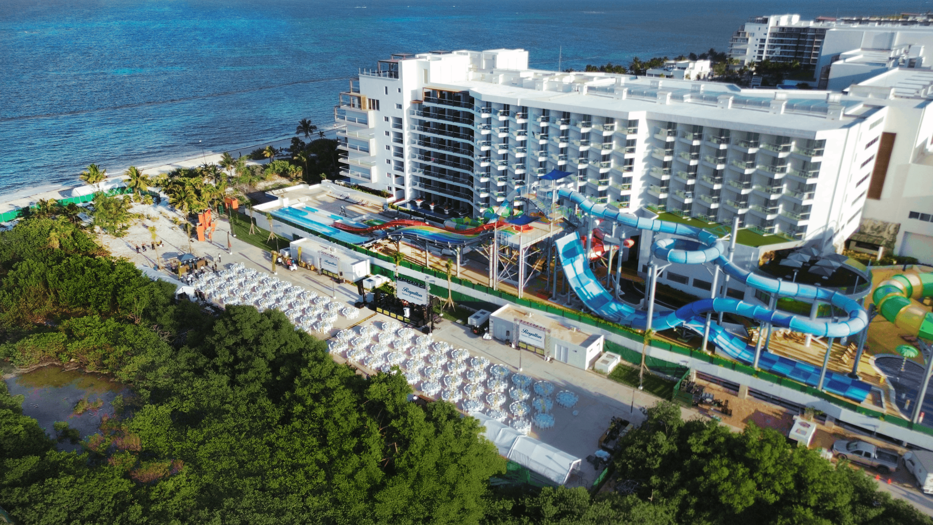 a water park near a building