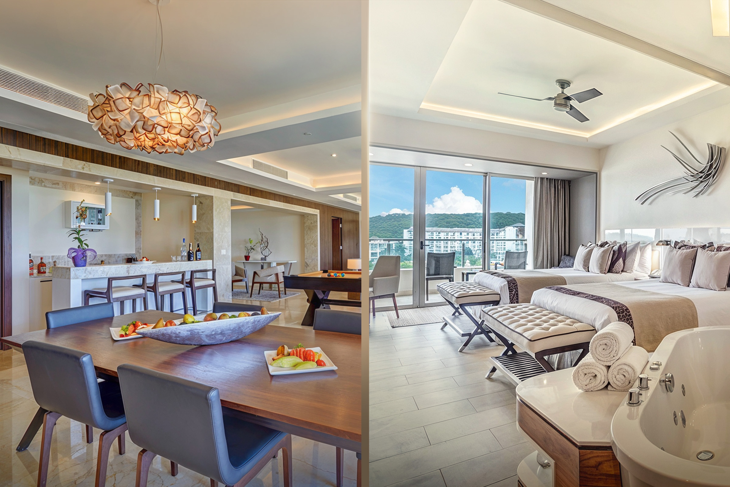 a collage of a room with a bed and a table