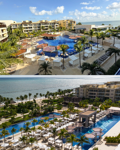 a collage of a resort with a pool and a beach