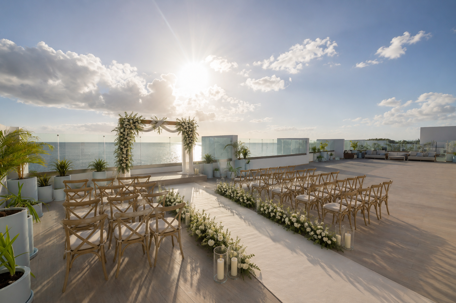 a wedding ceremony set up with chairs and flowers