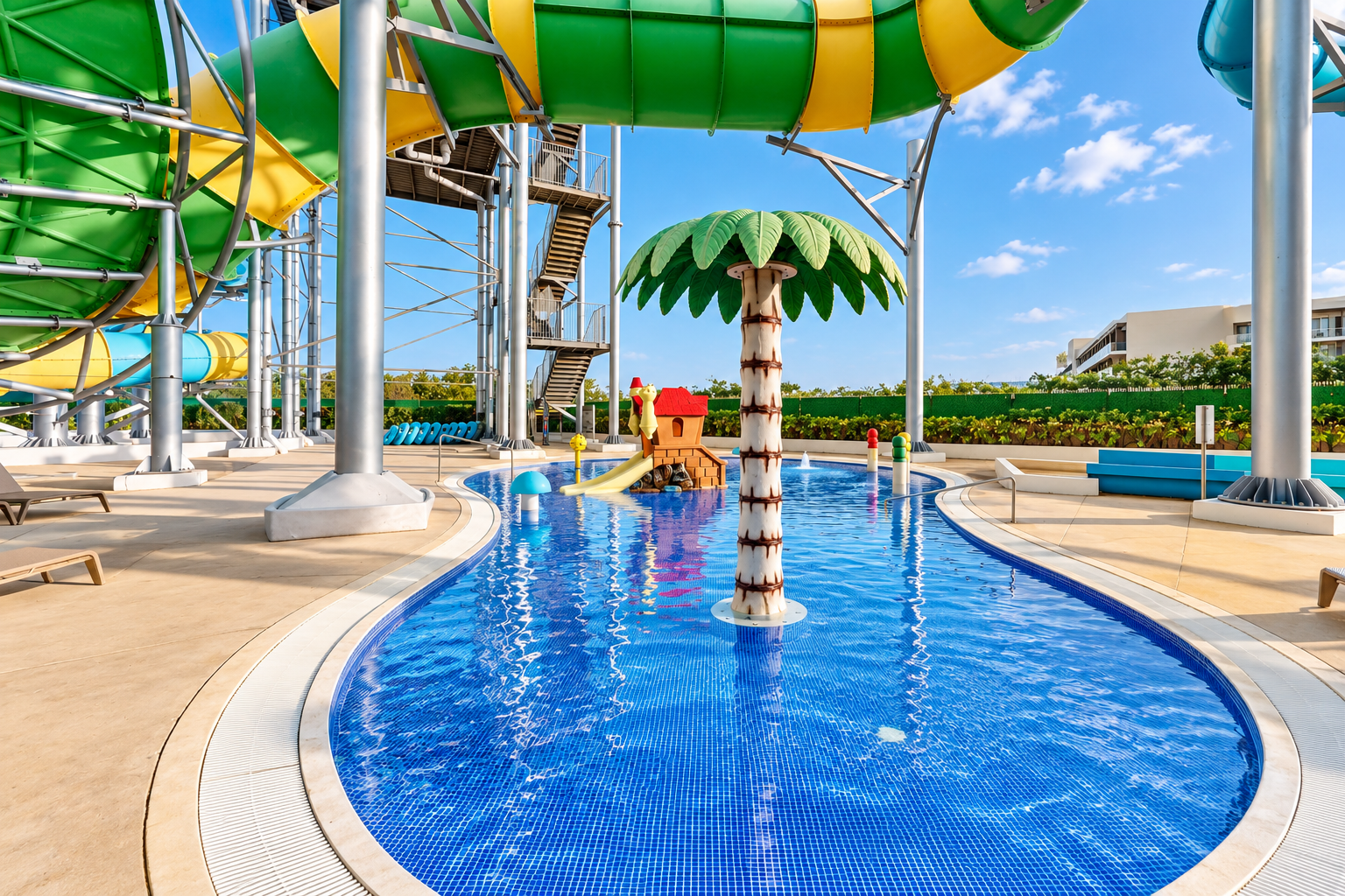 a pool with a slide and a slide