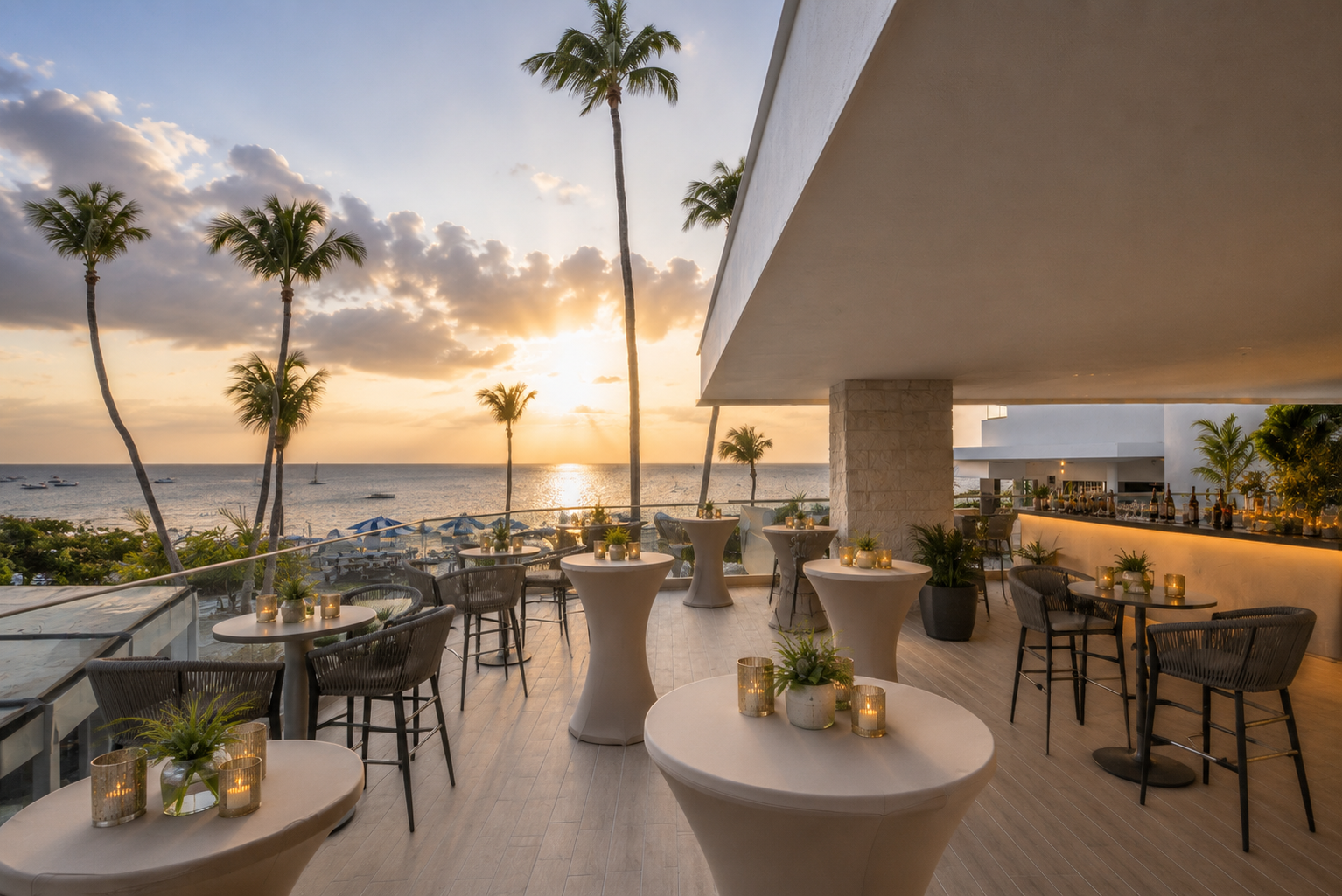 a restaurant with tables and chairs and palm trees
