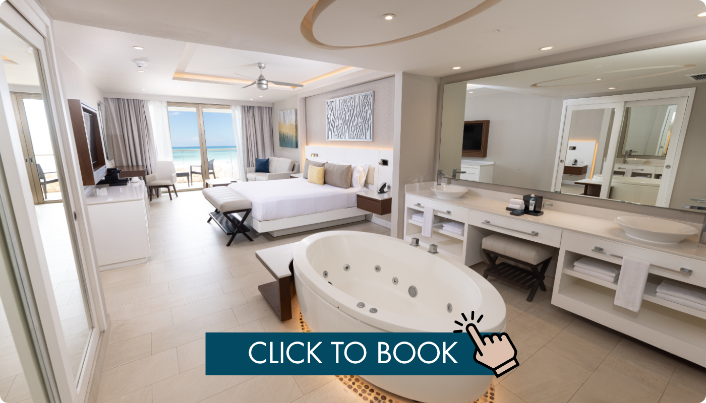 a room with a large tub and a bed
