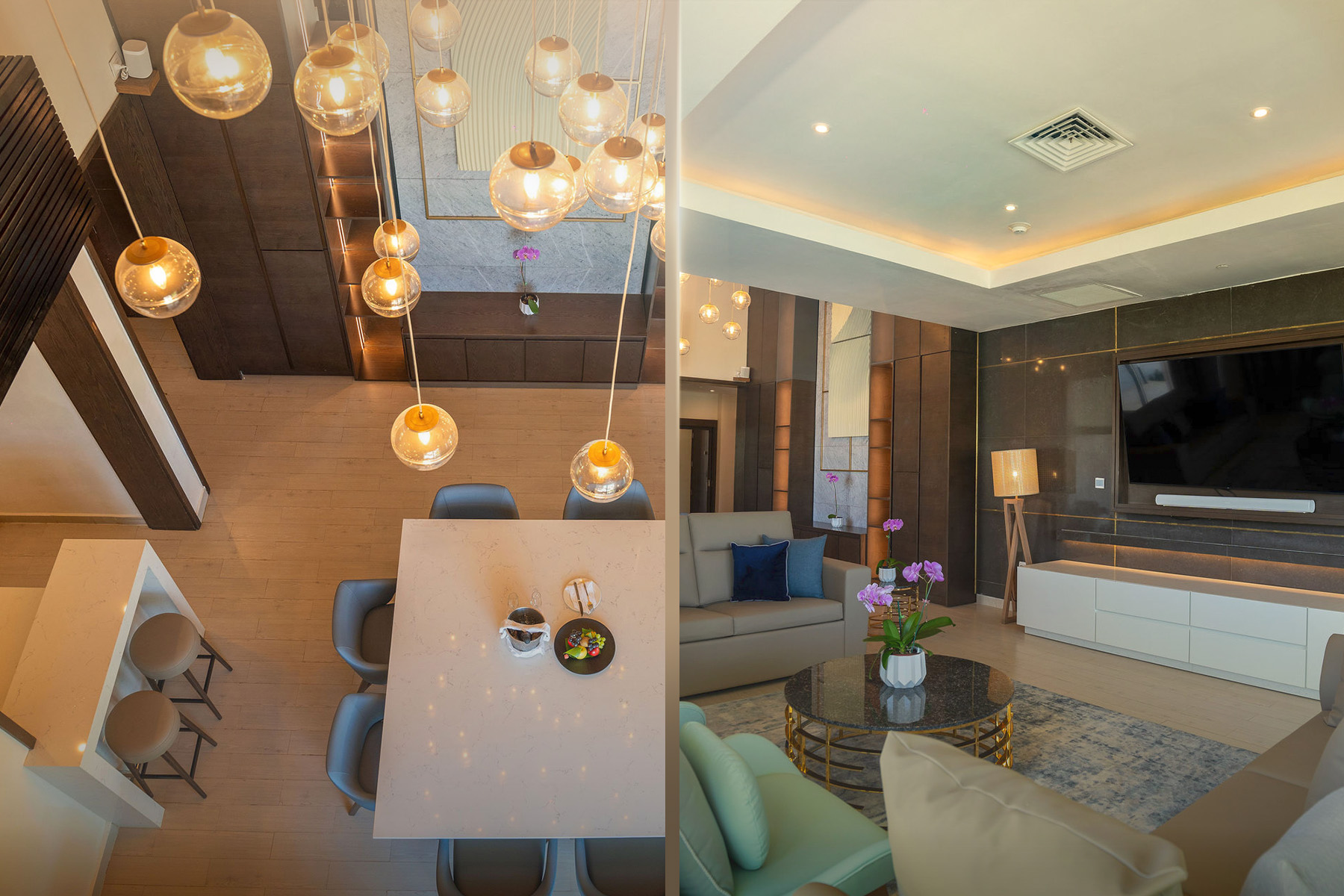 a collage of a room with a table and chairs