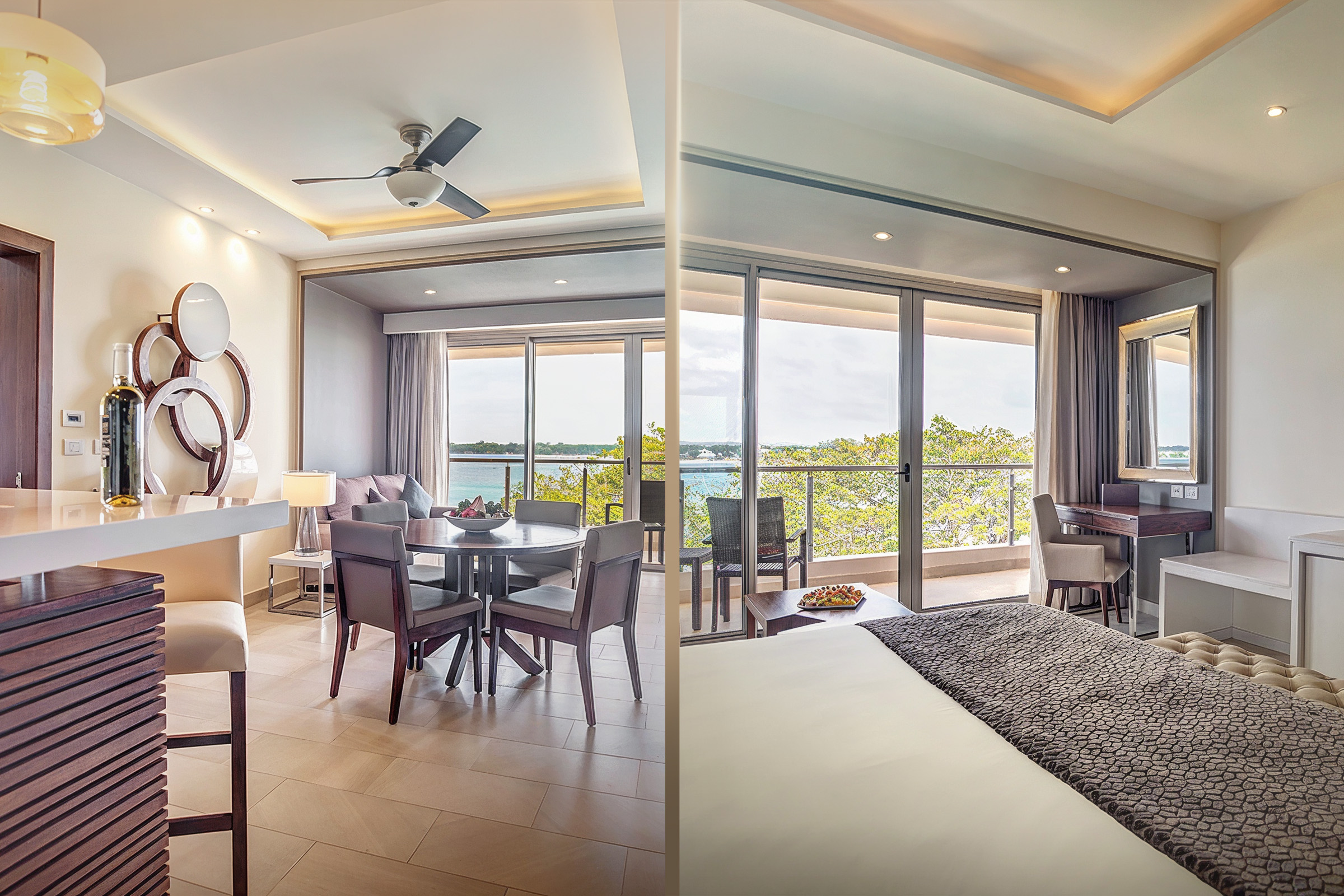 a room with a bed and a table and chairs