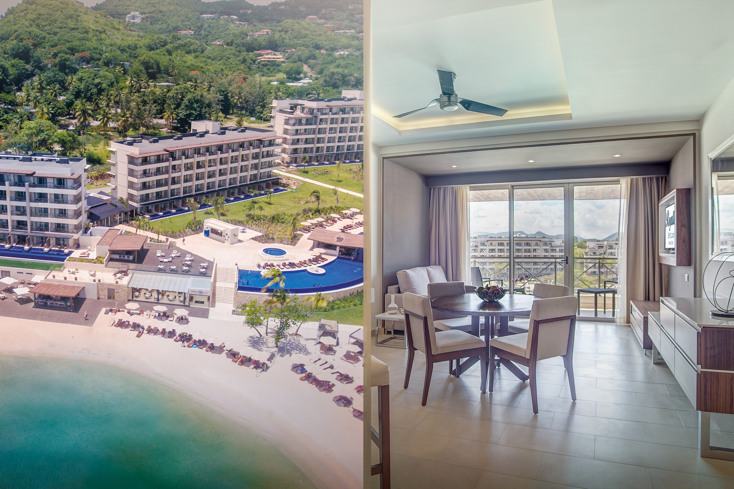 a collage of a room with a pool and a table