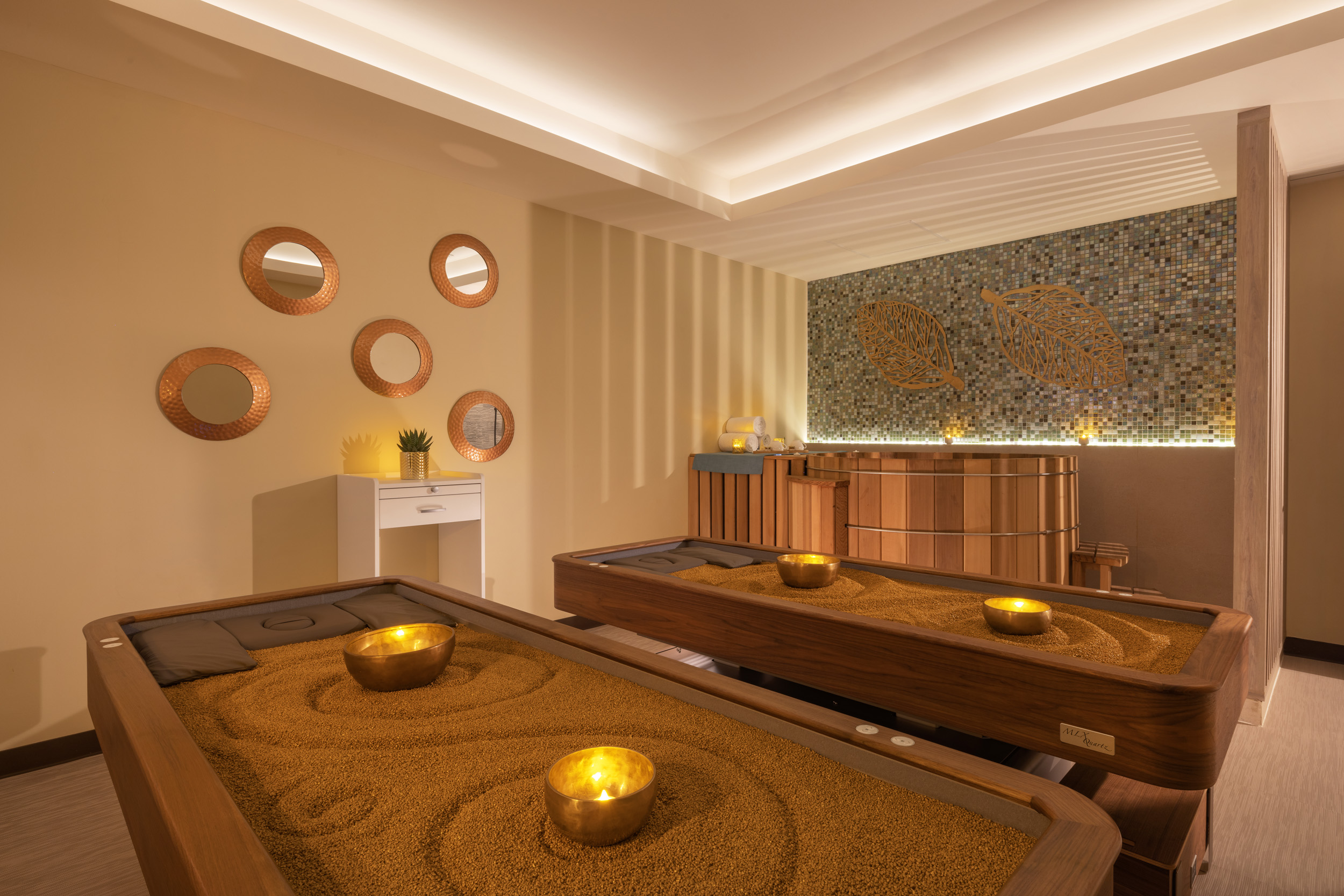 a room with a spa center