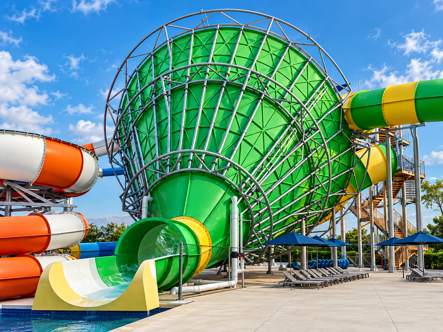 a water park with a large green and yellow water slide