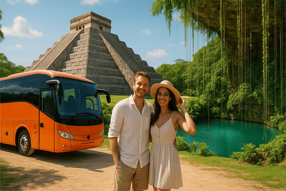 a man and woman posing for a picture in front of a pyramid