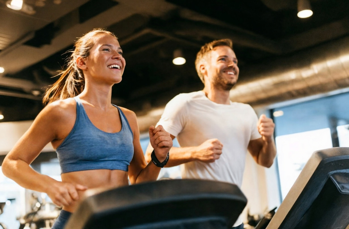 a man and woman running on treadmills