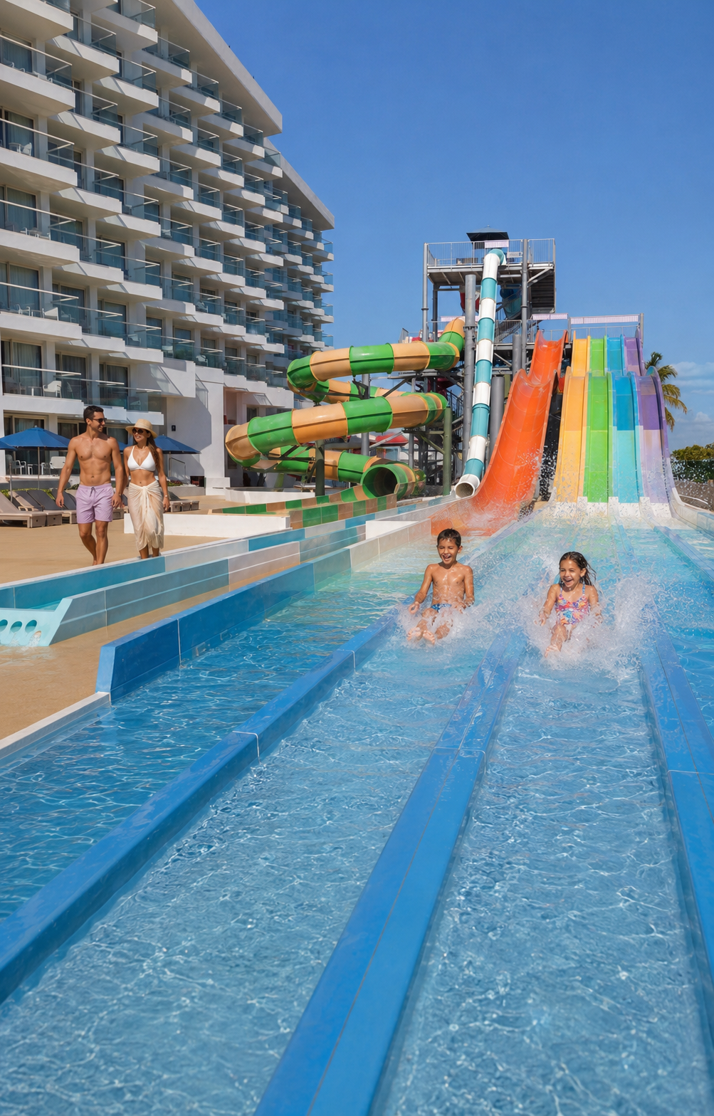 a group of kids on a water slide
