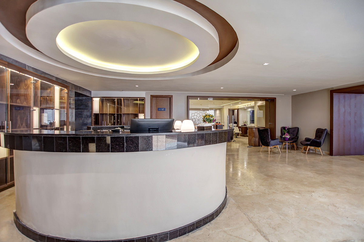 a large room with a large bar and a large glass counter