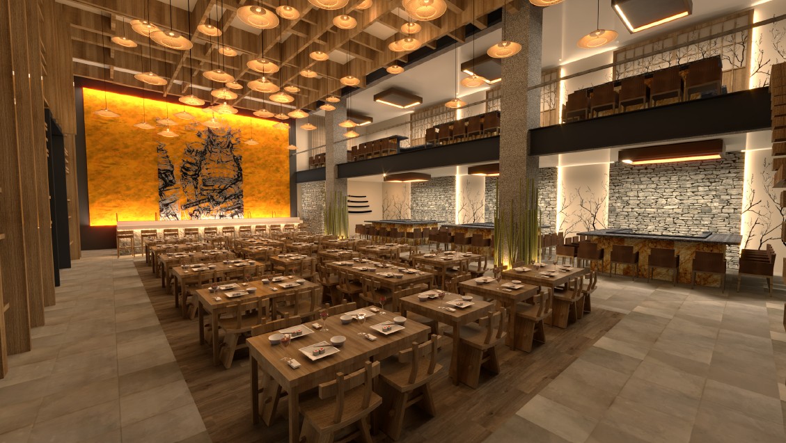 a large room with tables and chairs