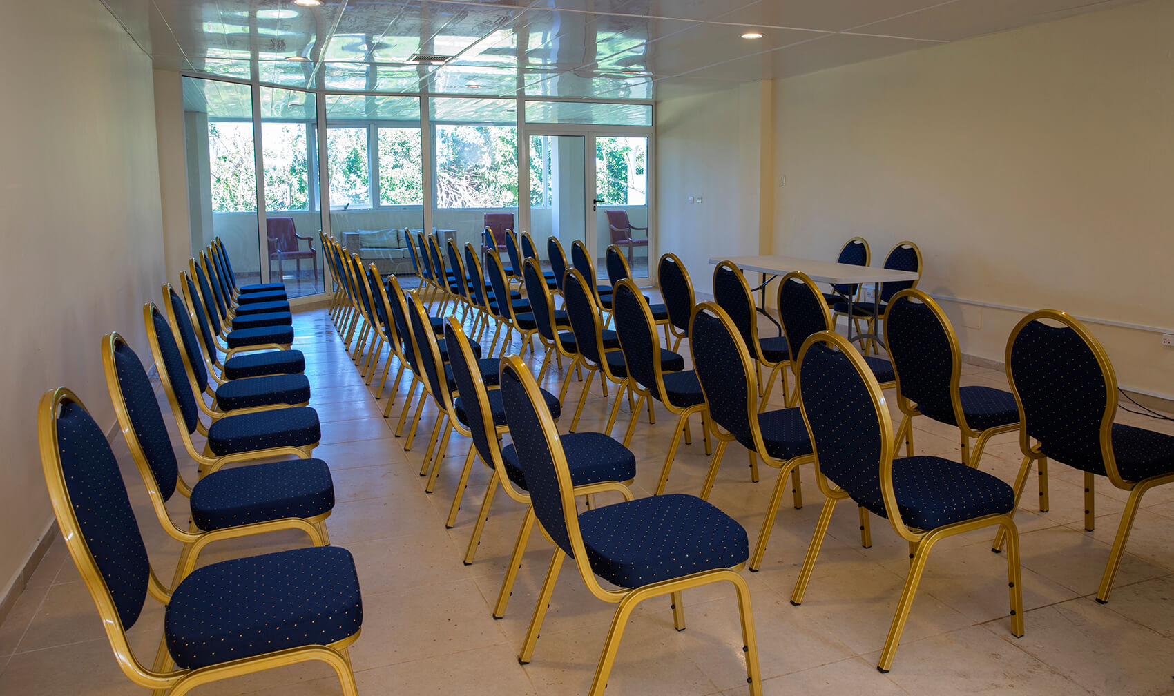 a room with blue chairs