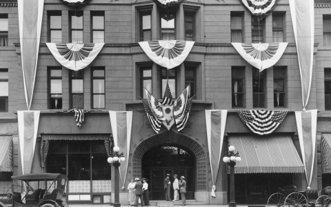 a group of people standing outside a building