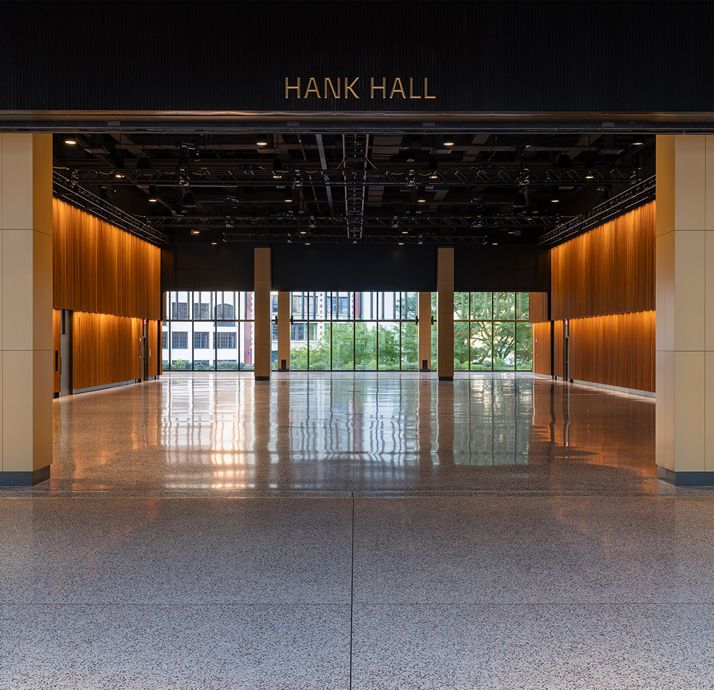 a large hall with a large window