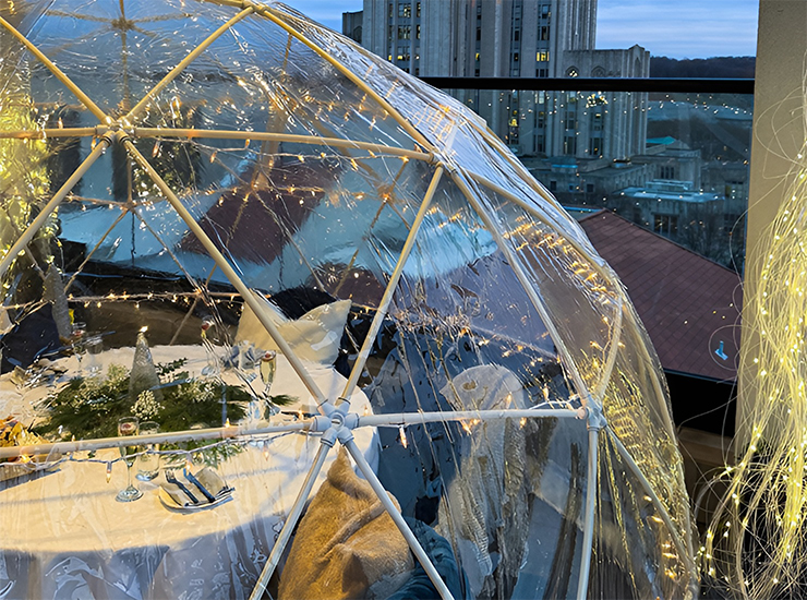 a glass dome with lights on it