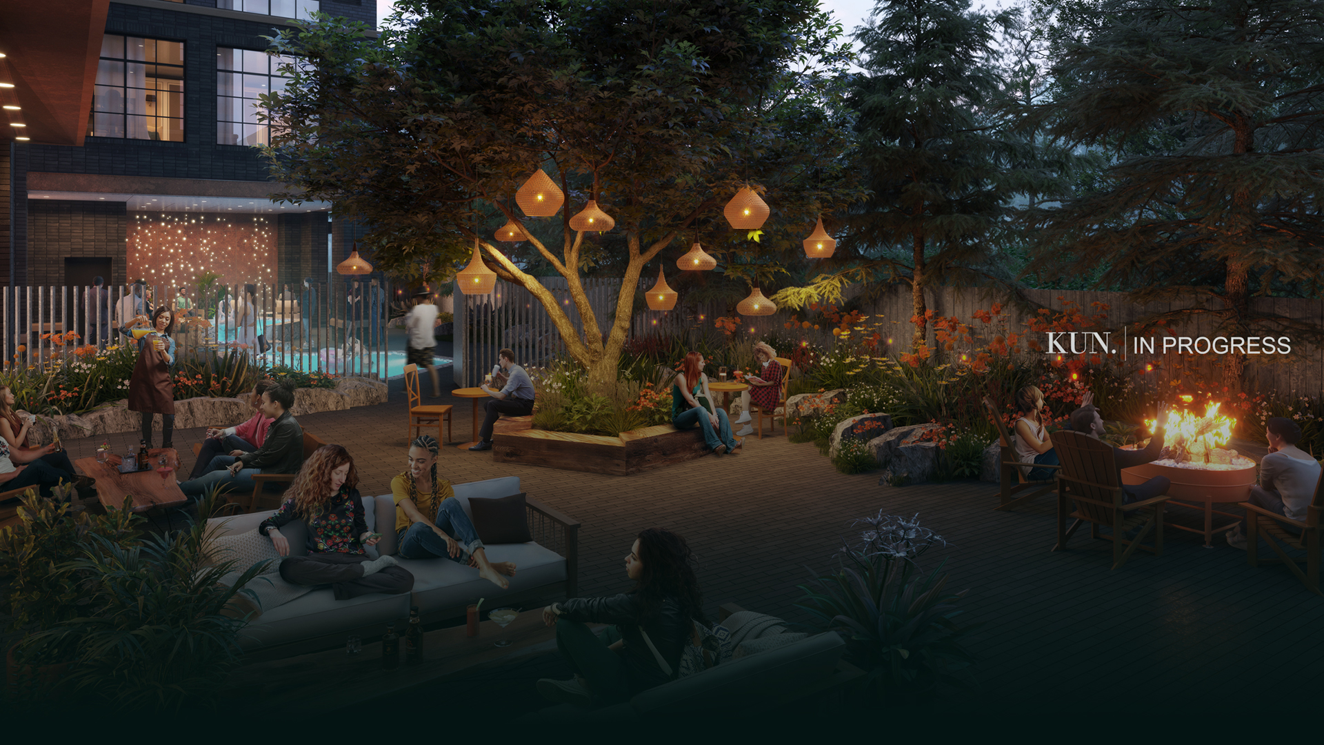 a group of people sitting on a patio