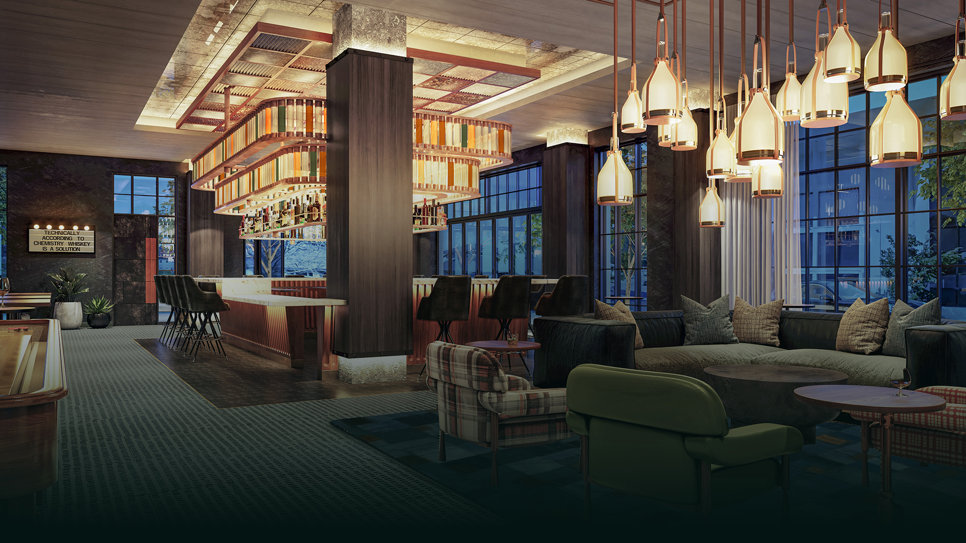 a room with a bar and a bar