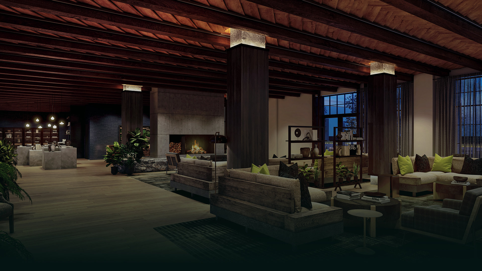 a room with a fireplace and couches