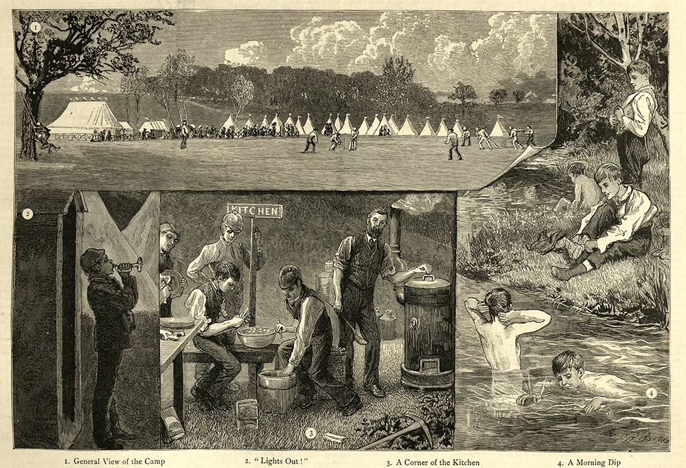 a collage of several images of people in a camp