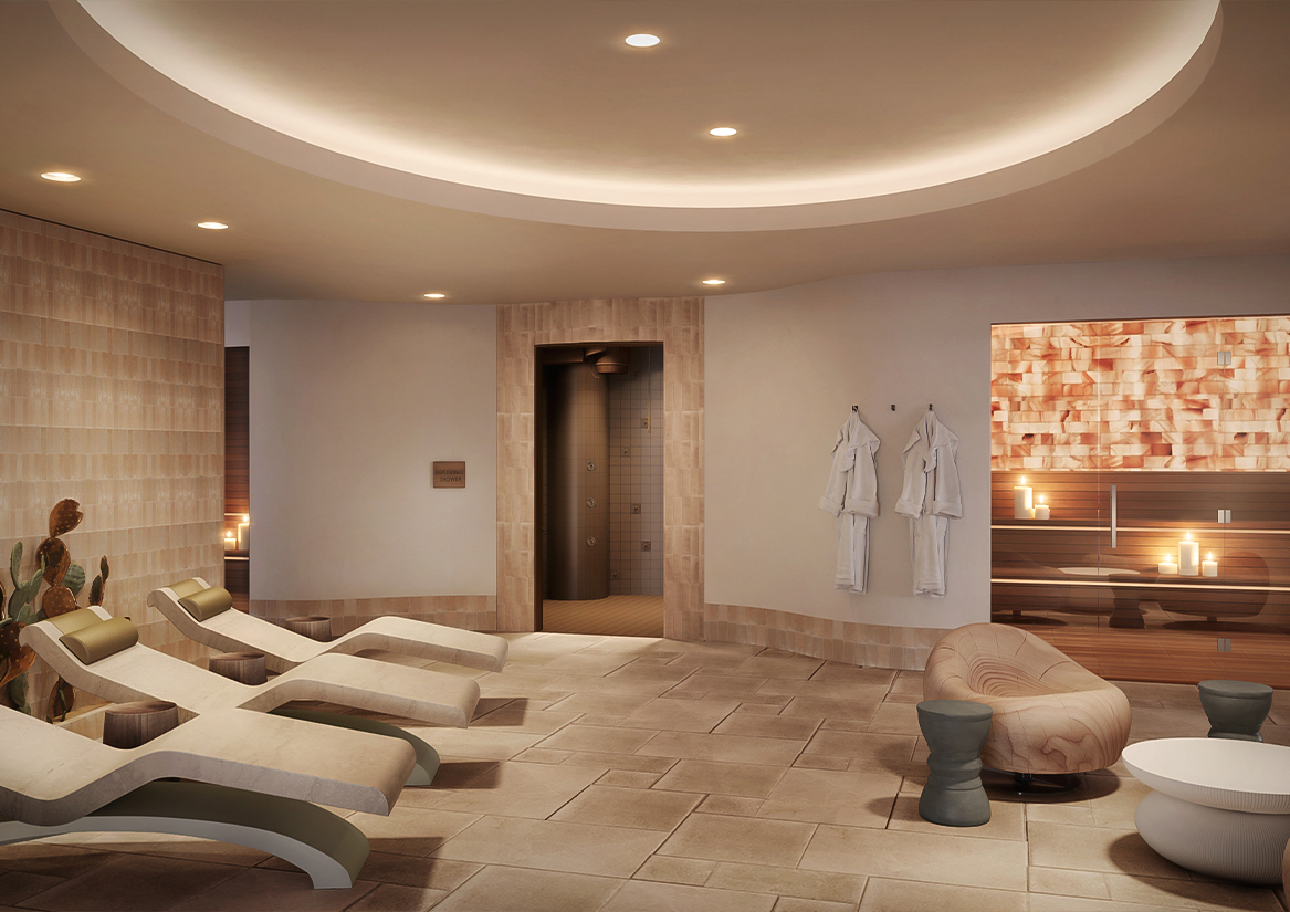 a room with chairs and a sauna