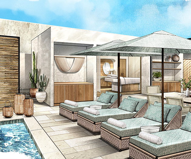 a drawing of a pool with lounge chairs and umbrellas