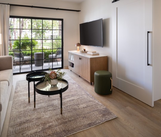 a living room with a large window