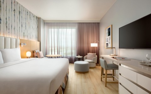 a room with a bed and a television