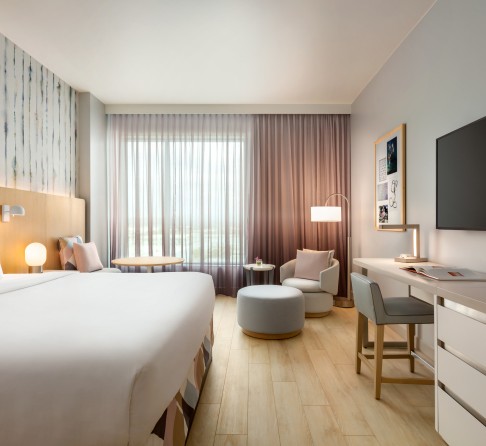 a room with a bed and a television