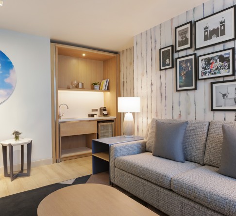 a living room with a couch and a table
