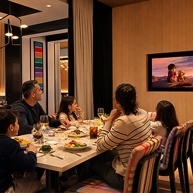 a group of people eating at a table